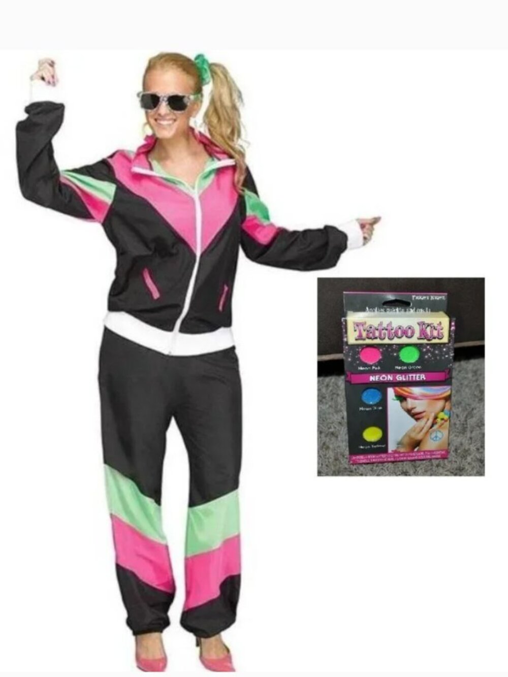 80's Track Suit & Tattoo Kit Halloween Costume M/L Retro Disco Diva 3 Pc Womens